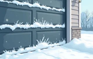 Garage door panels with heavy snow accumulation and ice buildup on weatherstripping showing winter weather damage