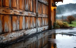 Warped wooden garage door with water damage and rot on Oregon wine country property
