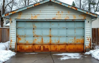 Rusted vintage garage door showing decades of freeze-thaw damage in North Clark County winter conditions