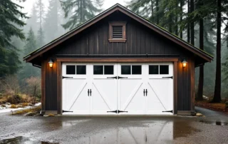 1920s wood-frame garage with white doors in rainy Longview neighborhood surrounded by evergreen trees
