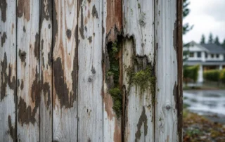 Warped wooden garage door with moisture damage and peeling stain on Oregon wine country home