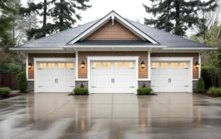 Three-car attached garage on West Linn craftsman home showing synchronized door panels and coordinated hardware
