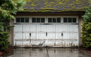 Weathered garage door on Portland craftsman home showing winter damage with moisture stains and warped panels