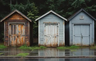 Three weathered 1920s worker garages showing varied rust and wood rot patterns from Pacific Northwest moisture