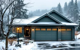 Pacific Northwest home garage with snow accumulation on door and driveway in La Center foothills winter conditions