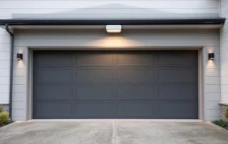 Modern smart garage door opener with LED lighting and synthetic composite materials in Orenco Station home