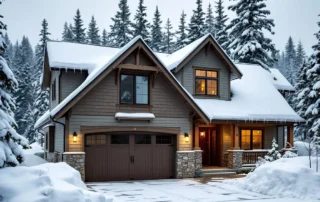 Craftsman home garage with heavy snow accumulation on roof in La Center foothills demonstrating high snow load conditions