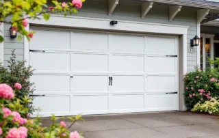 Well-maintained residential garage door with spring landscaping on Portland craftsman home