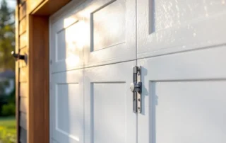 White garage door with reinforcement hardware and wind-resistant bracing visible on residential home exterior