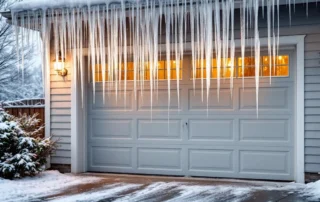 Garage door with natural ice formation and weather stripping during winter storm conditions