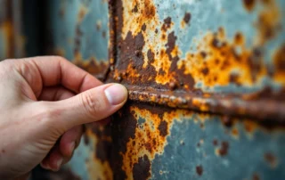 Hand inspecting rust and water damage on weathered garage door metal showing natural corrosion patterns
