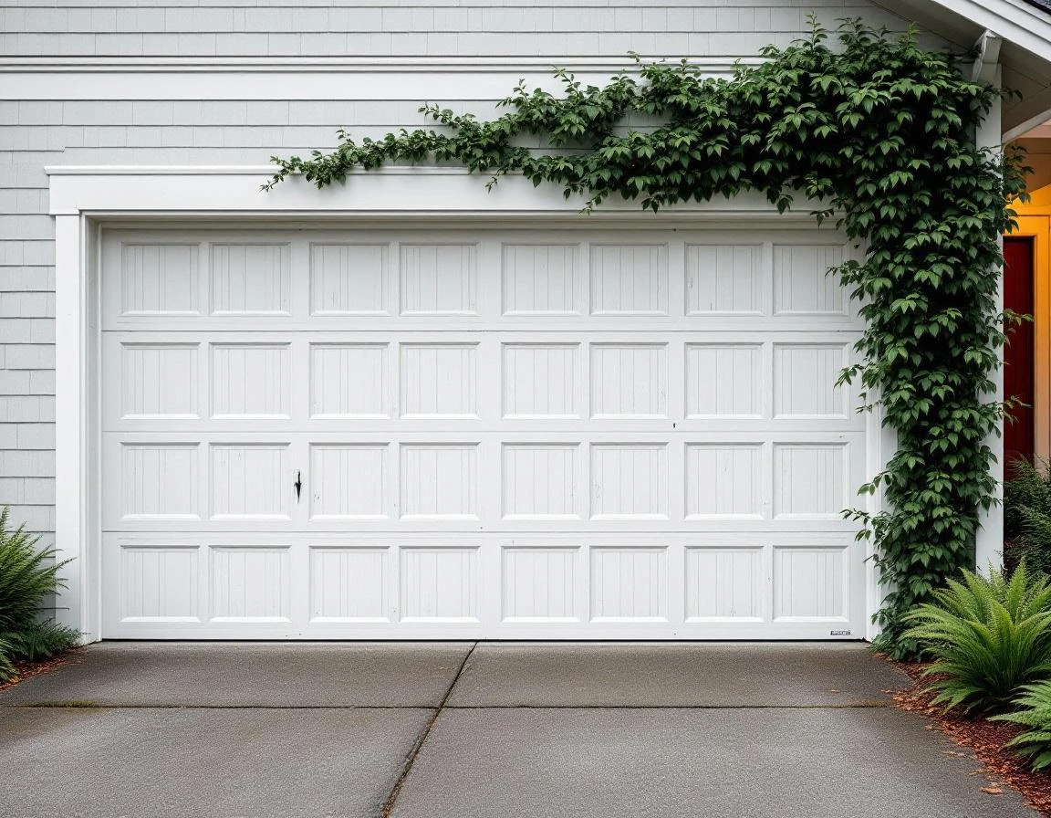 White garage door with climbing ivy showing spring weathering on Portland Craftsman home