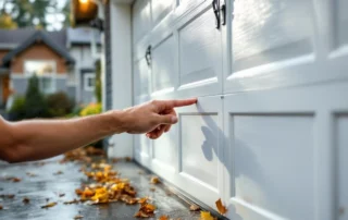 Homeowner inspecting garage door weatherstripping and hardware connections before windstorm