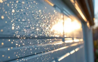 Condensation droplets on garage door panels during spring temperature swing with morning sunlight