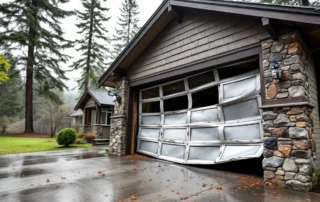 Garage door with bent panels and misaligned tracks after Columbia Gorge windstorm damage