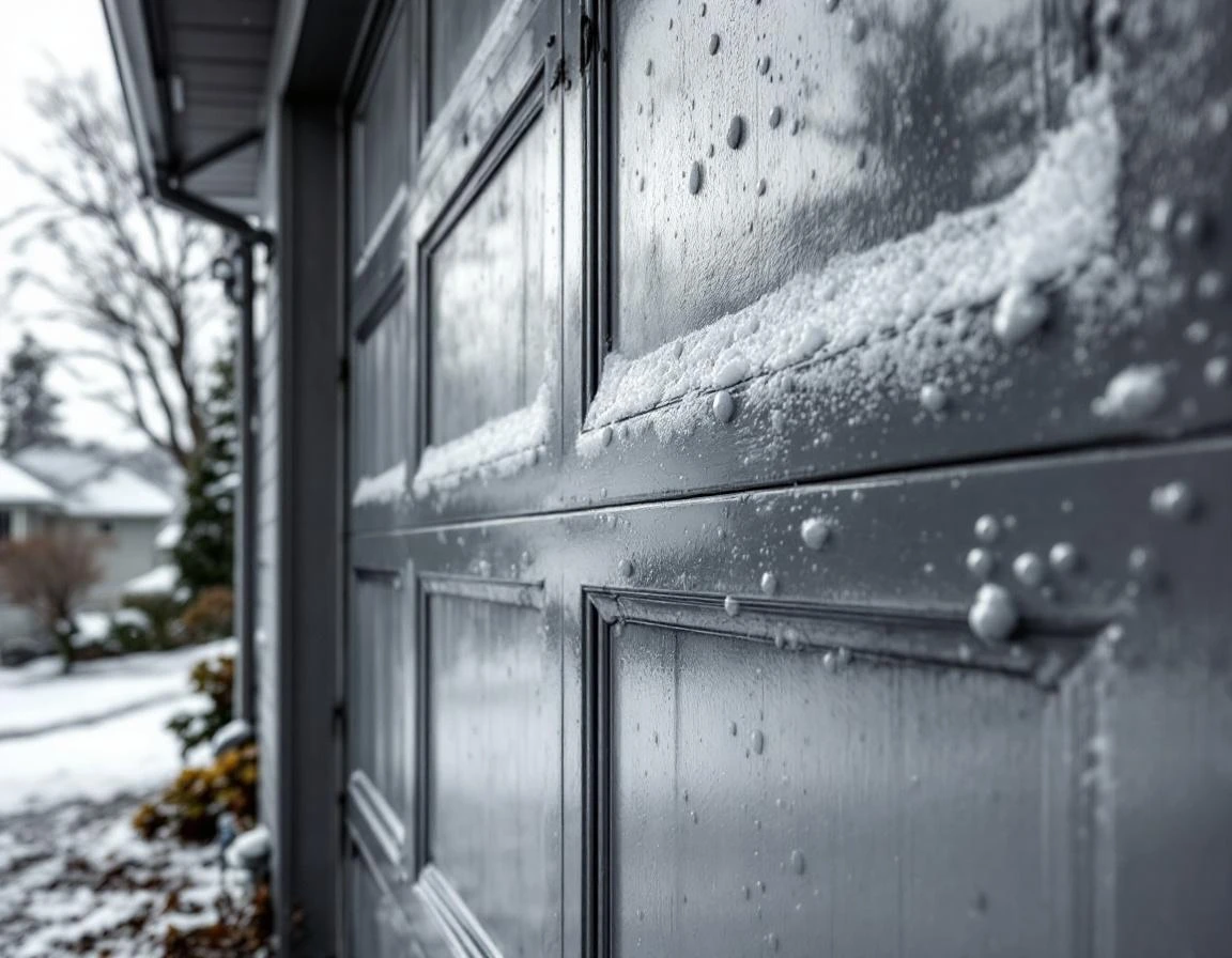 Moisture and frost accumulation on garage door metal panels during Longview winter showing freeze-thaw conditions