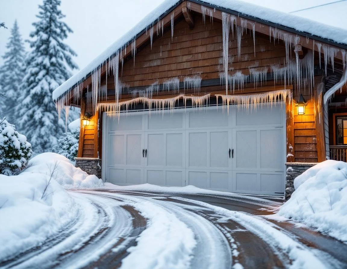 Craftsman home garage bearing heavy snow load in North Clark County foothills during winter conditions
