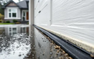 Garage door weatherstripping installation with rubber seal and threshold on wet concrete driveway