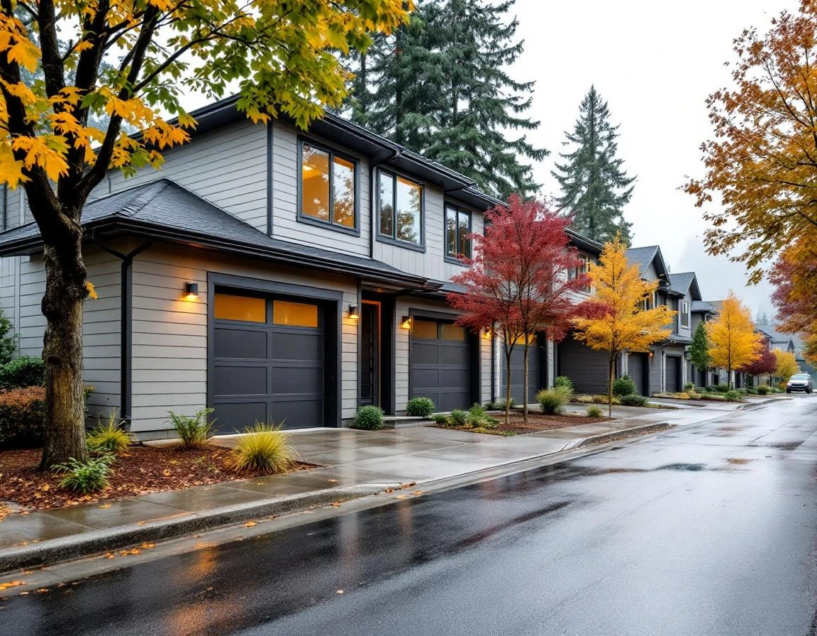 Modern attached garage homes in Orenco Station showing contemporary architecture and natural driveway weathering