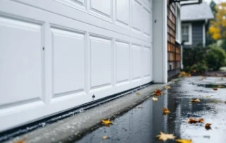 Rainwater streaming down garage door panels with worn weatherstripping during Pacific Northwest storm