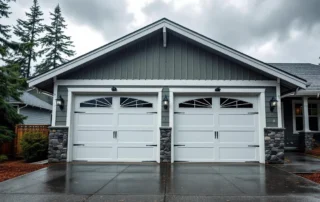 Wind-rated garage door with reinforcement hardware on Cascade Locks home during gorge wind conditions