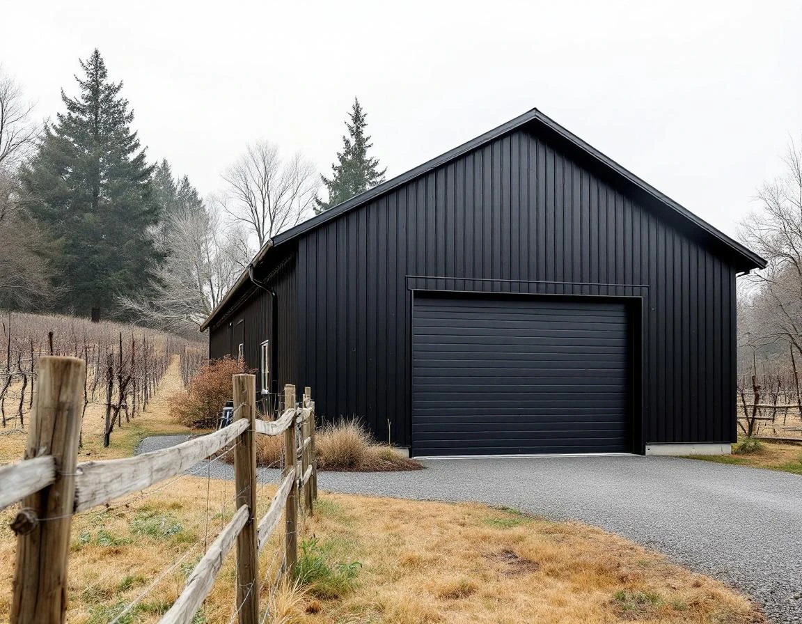 Modern black metal garage with insulated door on McMinnville vineyard property with split-rail fencing