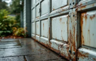 Garage door showing moisture damage with rust streaks and water stains in riverside Kalama property