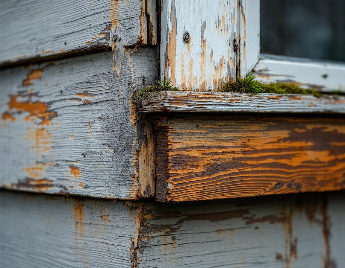 Weathered corner joint of 1920s garage showing moisture damage, paint failure, and rust staining on wood siding
