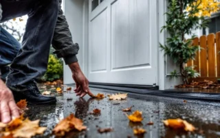 Weatherstripping being installed on garage door threshold with autumn leaves on wet driveway