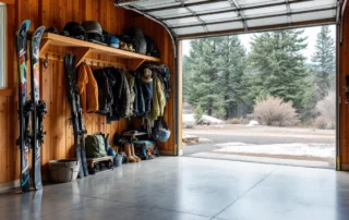 Organized garage interior with wooden shelving storing winter sports gear and equipment in Central Oregon