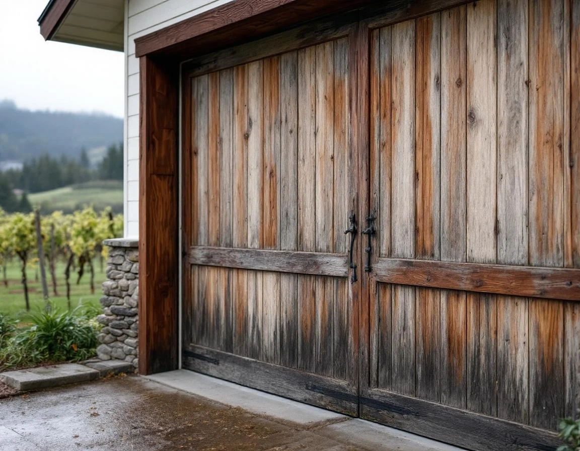 Wooden garage door with water damage, warping, and mold from Oregon wine country humidity