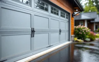 Garage door weather stripping and hardware inspection points on rainy spring morning in Portland home