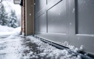 Close-up of garage door weatherstripping and bottom seal with snow accumulation during winter storm conditions