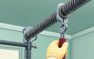 Close-up of garage door spring system being inspected with wrench, showing tension mechanism and track hardware