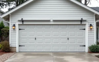 Residential garage door with installed wind bracing hardware and reinforcement brackets on home exterior