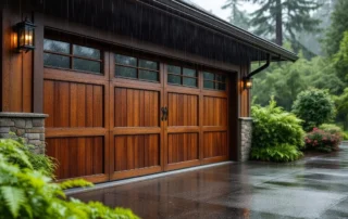 Rainwater beading on sealed garage door panels during Portland spring weather with visible weatherstripping