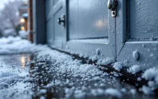 Frost accumulation on garage door weatherstripping and metal track components during winter conditions
