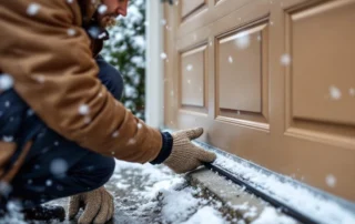 Homeowner inspecting garage door weatherstripping during winter snowfall with accumulated frost visible