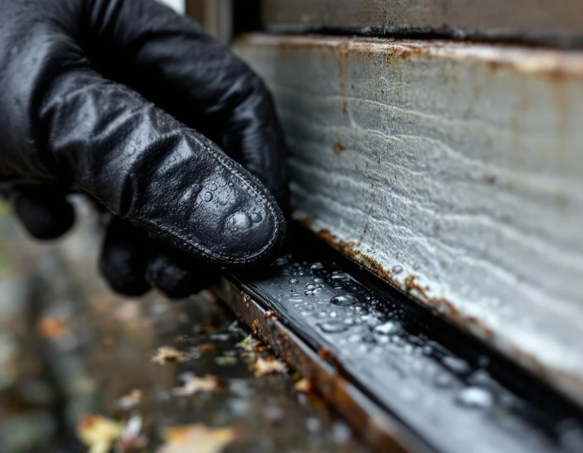 Close-up of weathered garage door weatherstripping with water beading, hand inspecting rubber seal condition