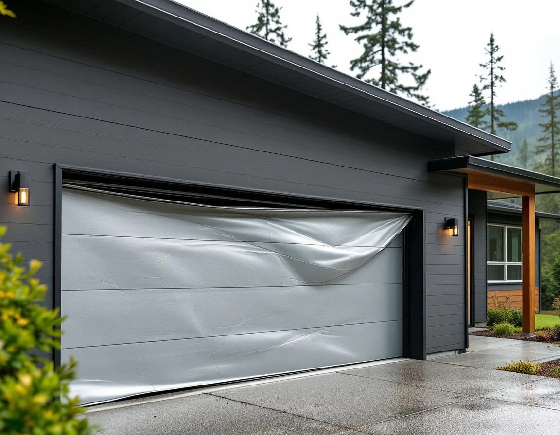 Modern garage with dented panel and bent track from windstorm damage in Hood River