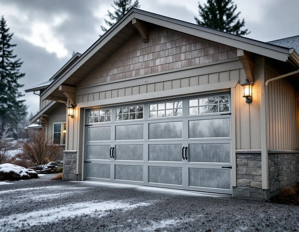Heavy-duty garage door springs and reinforced track system on La Center foothills home during winter conditions