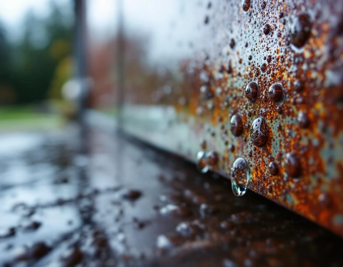 Water beading on rust-resistant steel garage door panel showing moisture-repellent coating performance