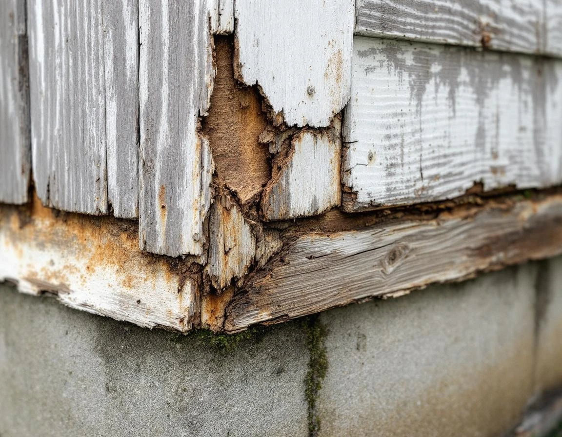 Wood rot and moisture damage at 1920s garage siding corner junction showing weathered paint and rust staining