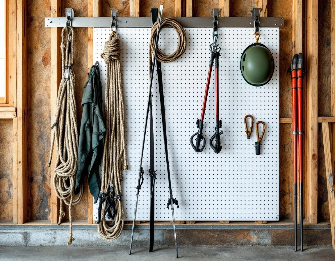 Climbing gear and outdoor equipment organized on vertical wall storage in a Central Oregon garage