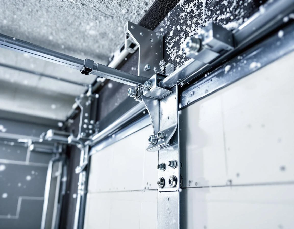 Steel reinforcement brackets and wind bracing hardware installed on garage door panel for storm protection