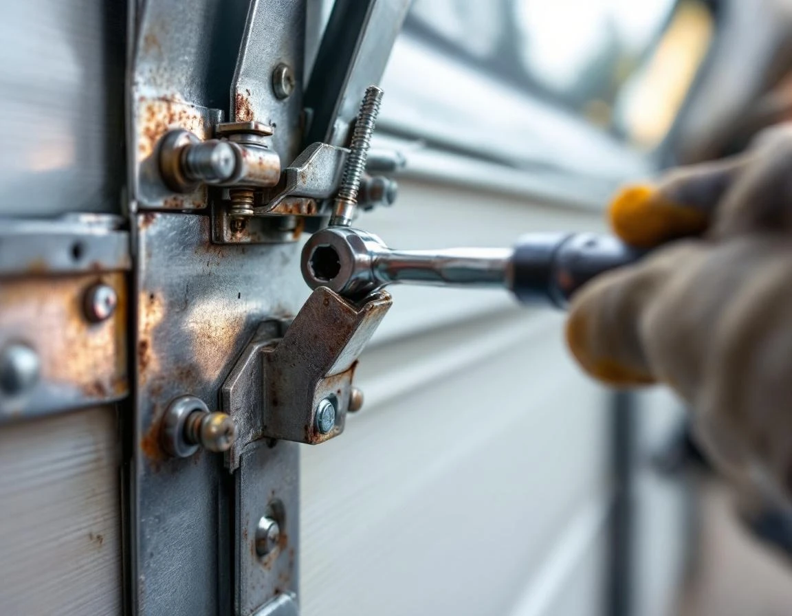 Garage door hinges and roller brackets being inspected with socket wrench before windstorm