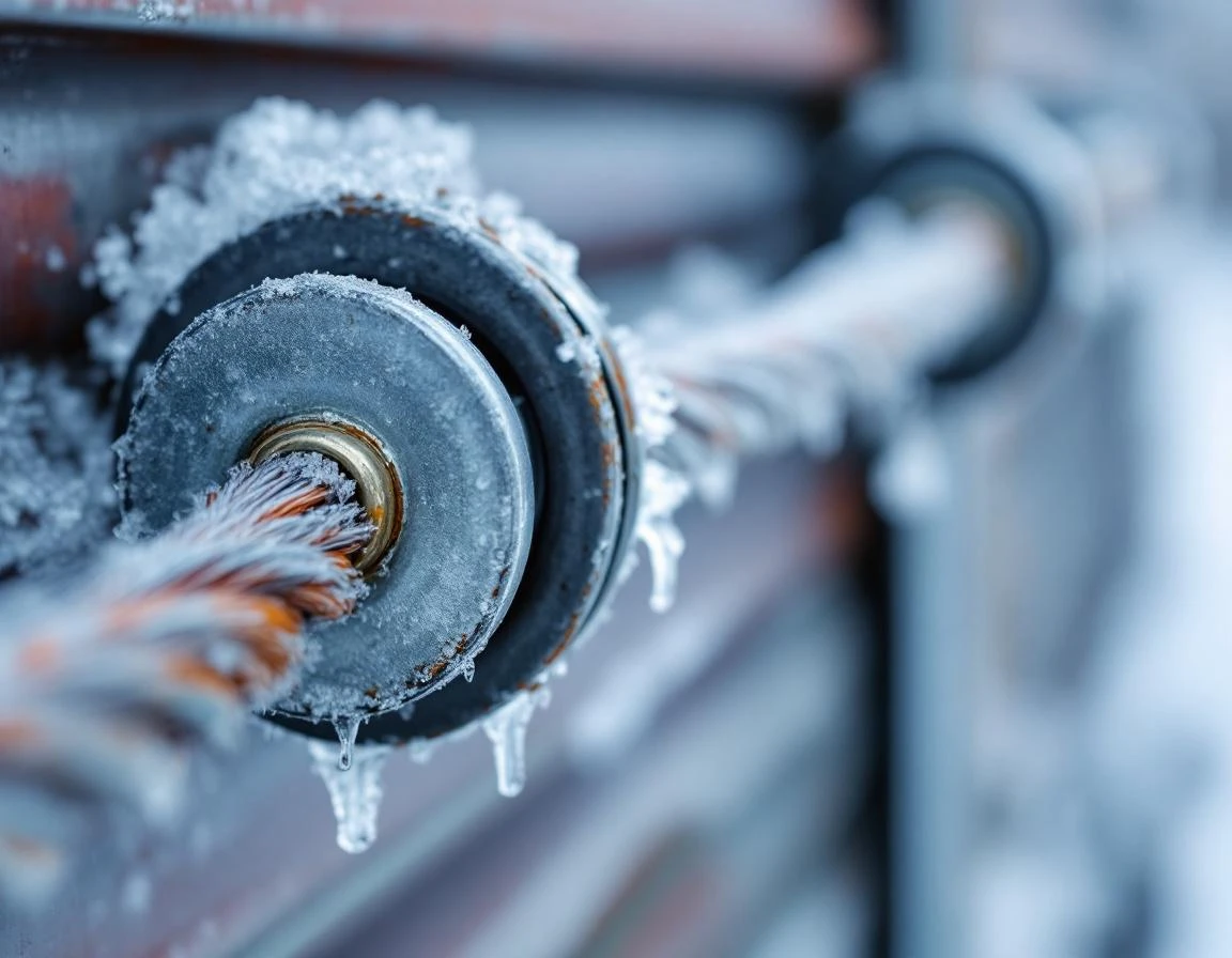 Frost-covered garage door cable and pulley system showing winter wear on steel hardware components