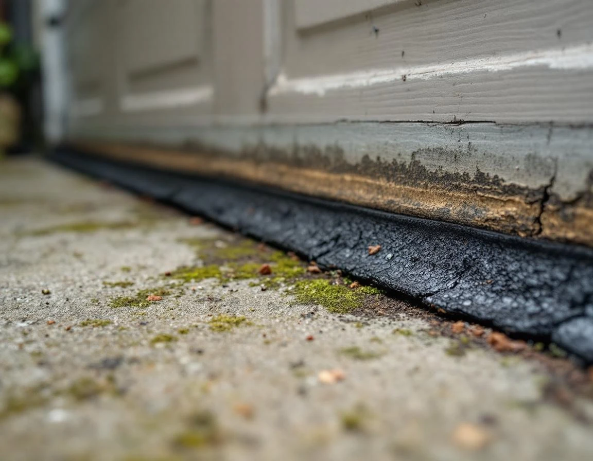 Cracked garage door weatherstripping showing gaps and deterioration allowing wind and water infiltration