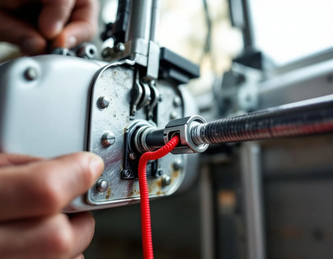 Hands installing emergency release cable on garage door opener mechanism during wind preparation
