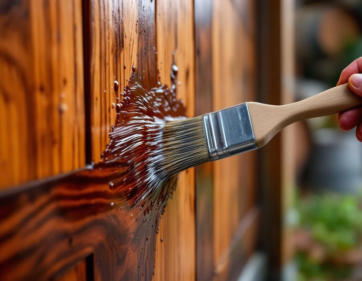 Brush applying clear protective sealant to cedar garage door wood grain showing moisture protection